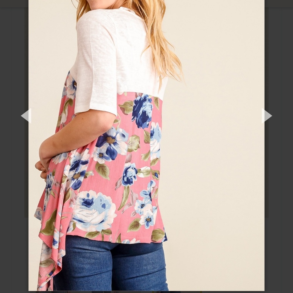 PINK & IVORY FLORAL TOP, L (Runs small & matches purple floral listing - Picture 2 of 7
